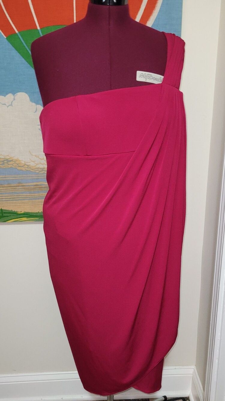 Newport News Fuchsia Pink One Shoulder Midi Dress Wrap Style Retro Women's 16